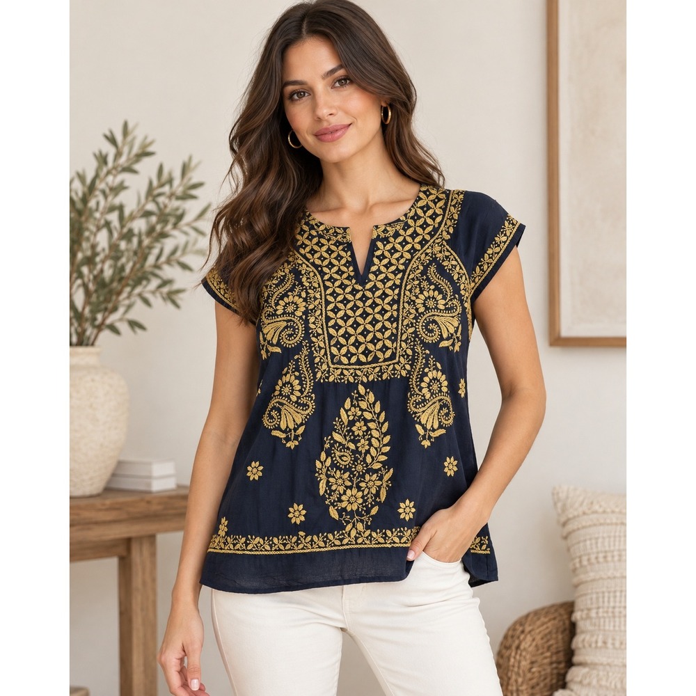 Roberta Roller Rabbit Tunic Navy Blue Gold Embroidered Cotton Boho Blouse XS